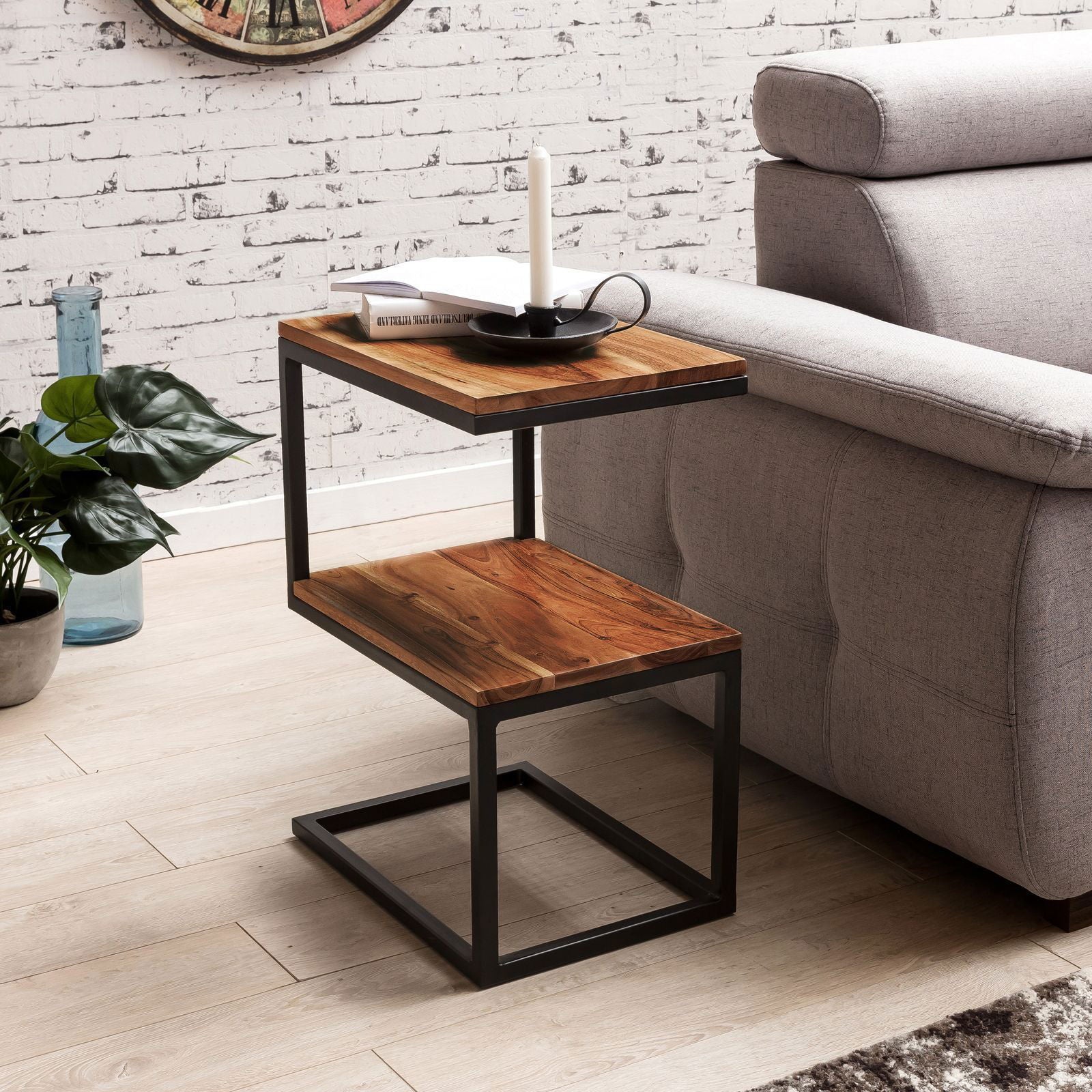 Sheesham Wood & Iron S Shape Bedside End Tables Night Stand Side Stool for Bedroom Living Room Home (Black and Teak Finish) - Furnishiaa -  -